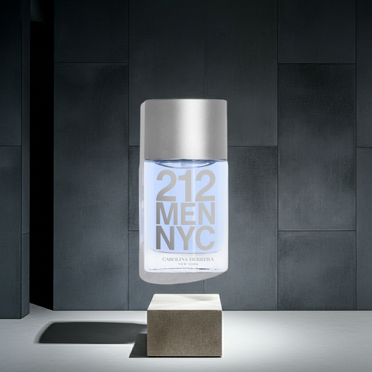 Perfume bottle labeled '212 Men NYC' on a dark tiled wall background