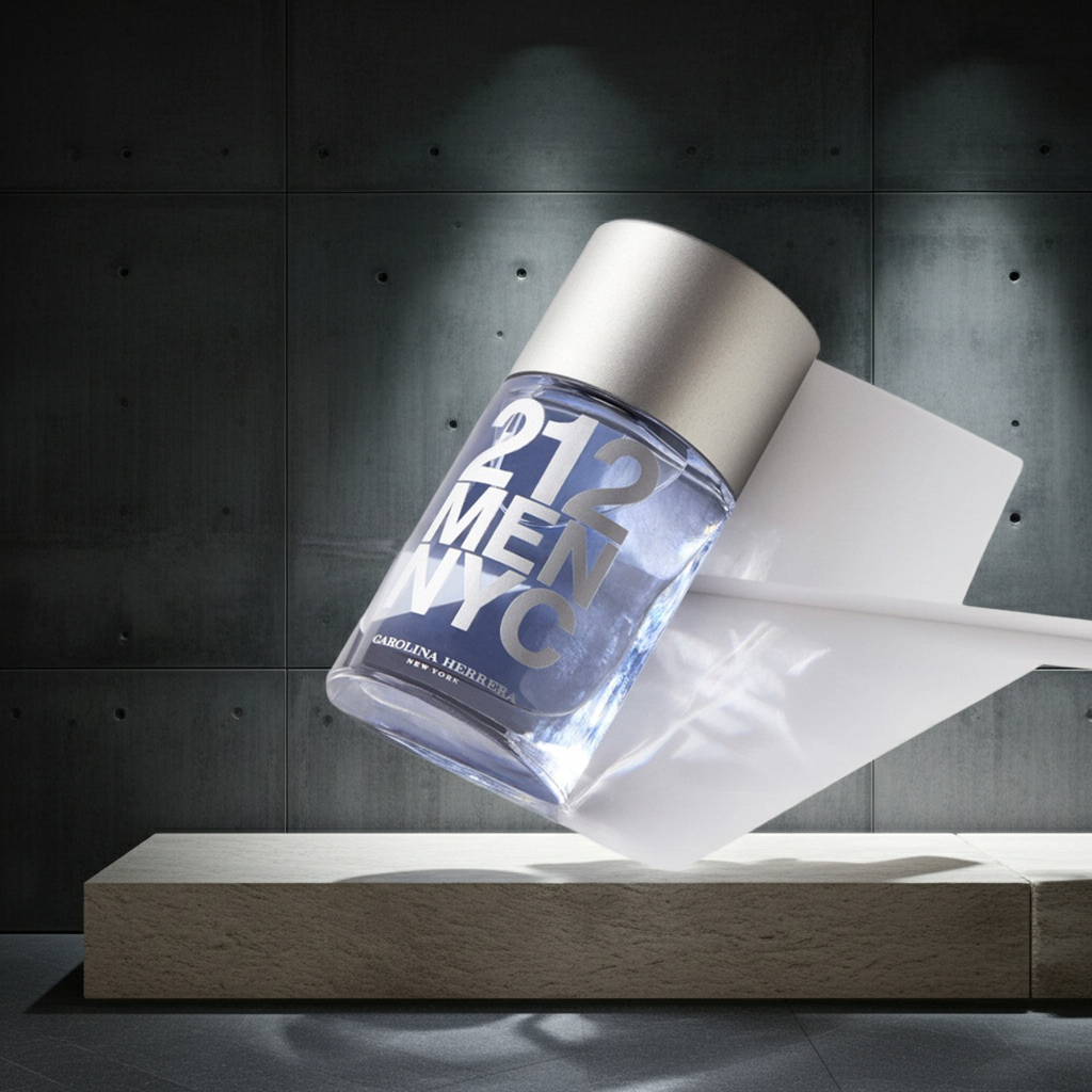 Perfume bottle labeled '21 Men NYC' on a concrete surface with a dark background