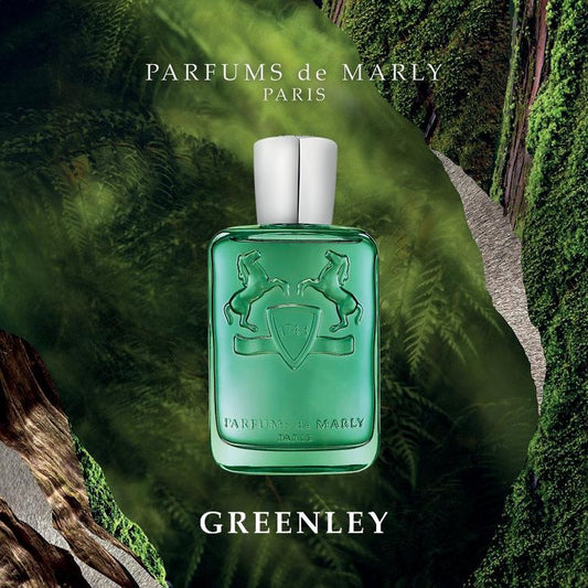 Green perfume bottle with 'Parfums de Marly' branding on a natural background
