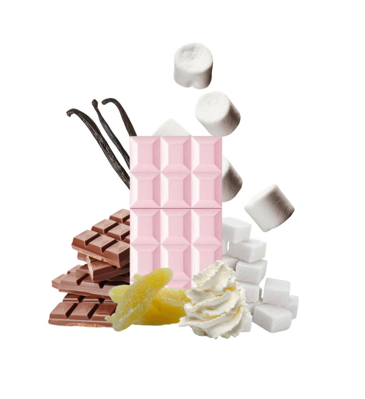 Pink chocolate bar with vanilla beans, marshmallows, and whipped cream on a white background