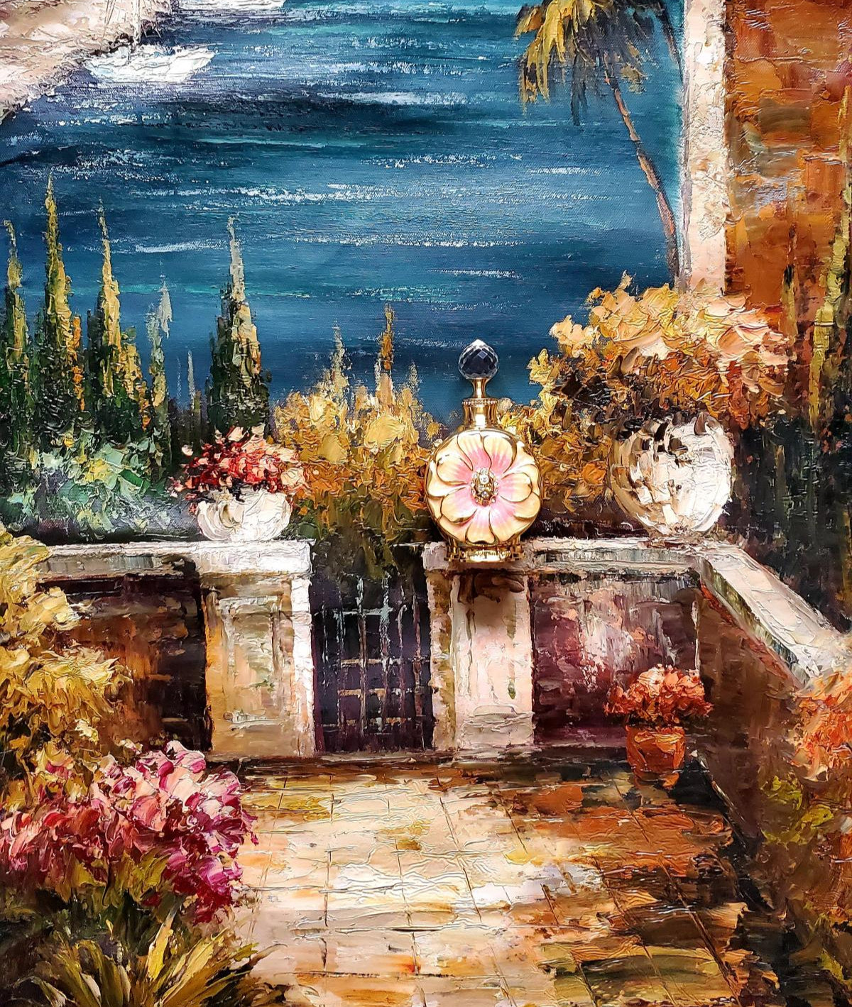 Painting of a garden scene with flowers and a gate.