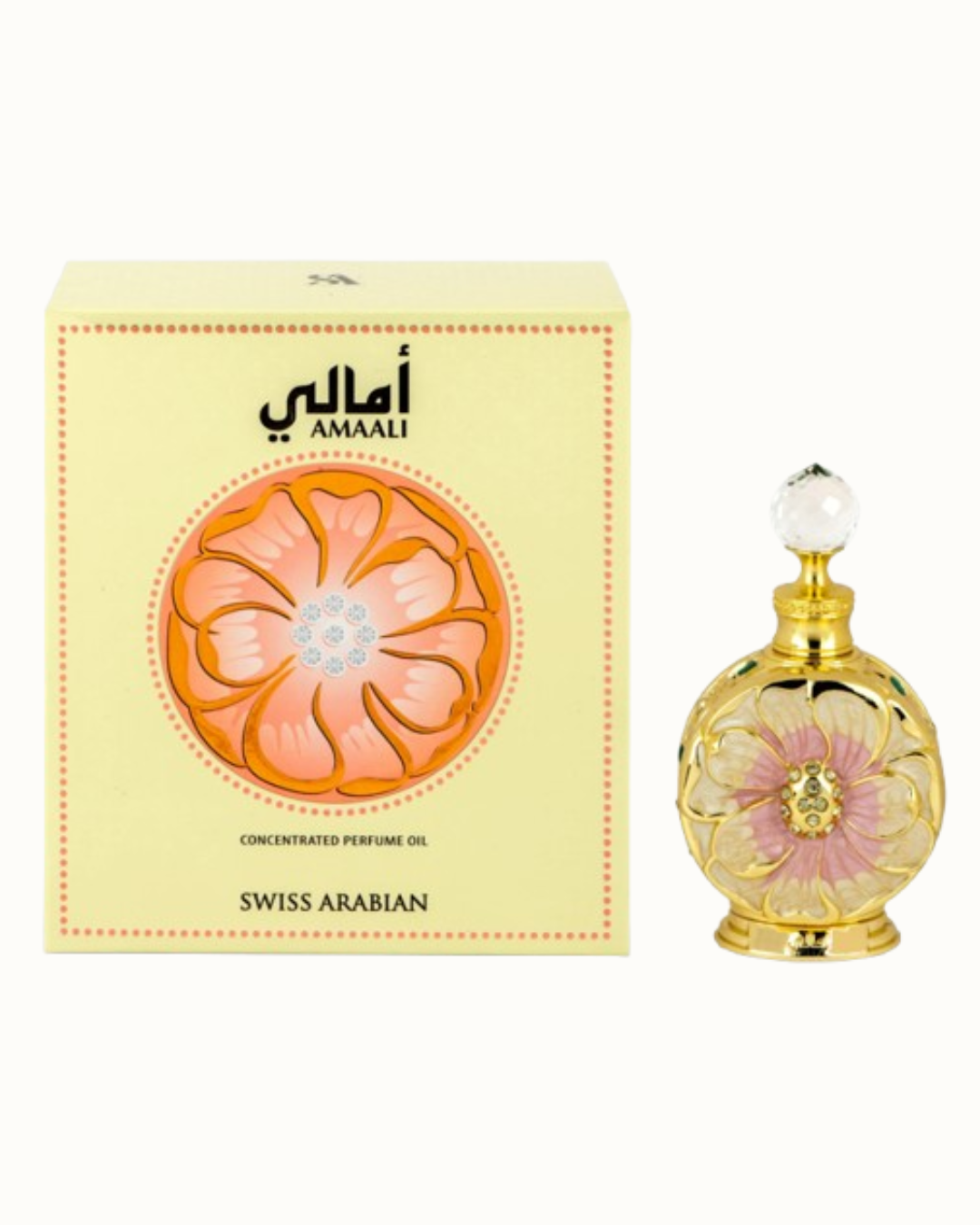 Swiss Arabian Amaali perfume bottle and packaging on a white background