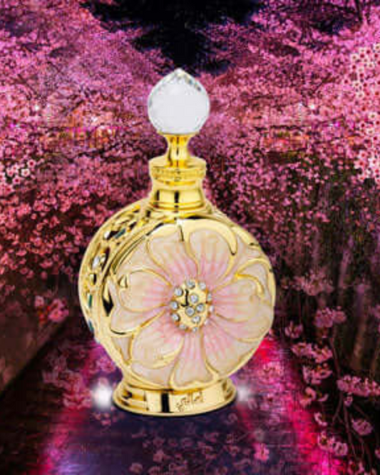 Decorative bottle with floral design against a pink floral background