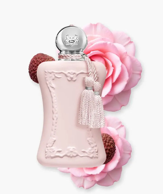 Delina pink perfume bottle with decorative elements on a white background