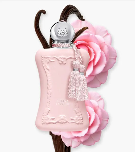 Pink perfume bottle with decorative elements on a white background
