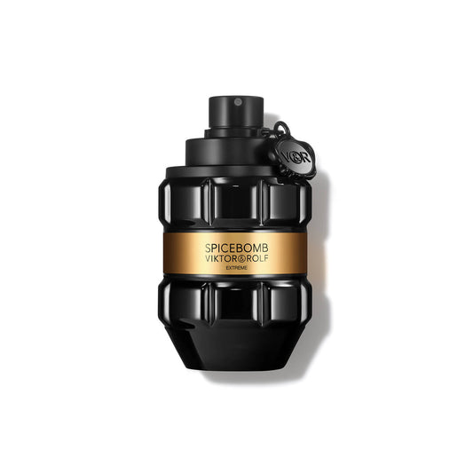 Black and gold Spicebomb Viktor & Rolf perfume bottle on a white background