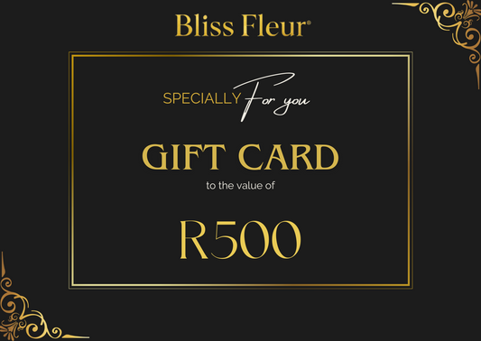 Gift card from Bliss Fleur with a value of R500 on a black background