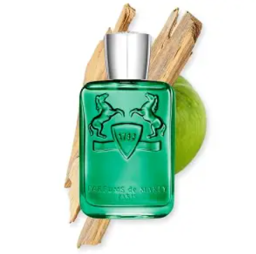 Green perfume bottle with silver cap on a white background