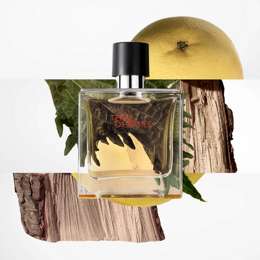 Perfume bottle labeled 'Terre d'Hermes' with natural elements like a lemon and tree bark on a white background.
