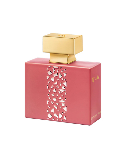 Pink perfume bottle with gold cap on a white background