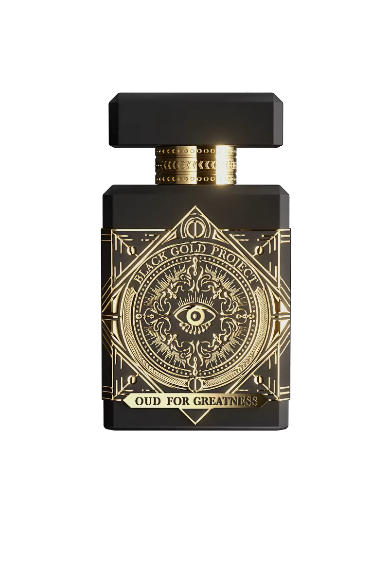 Black and gold perfume bottle with intricate design on a white background