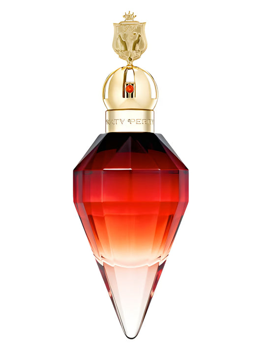 Red and gold perfume bottle with a decorative cap on a white background
