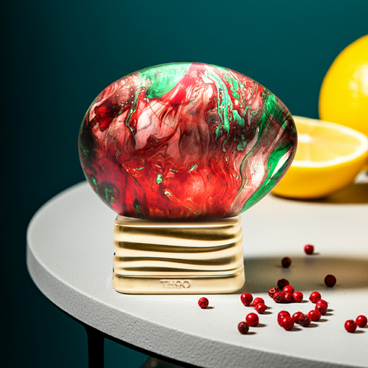 Decorative red and green stone on a stand with lemons and berries on a table