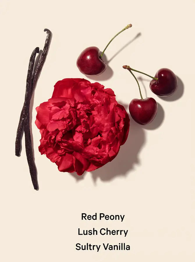 Red peony, cherries, and vanilla beans on a beige background with text indicating scents.