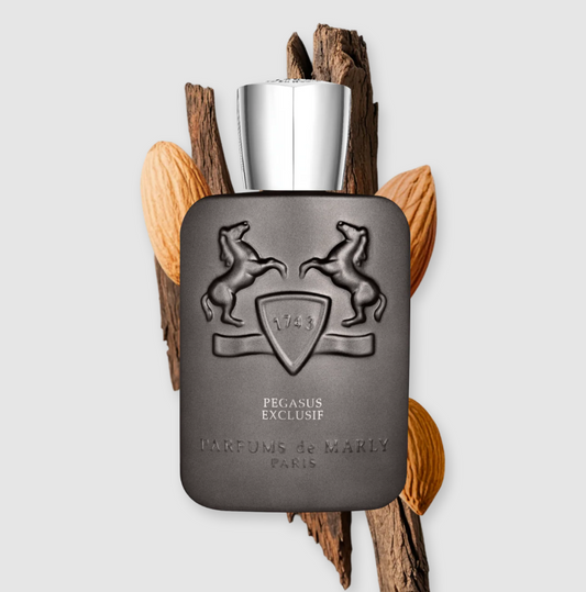 Perfume bottle with silver cap and dark gray body on a light gray background