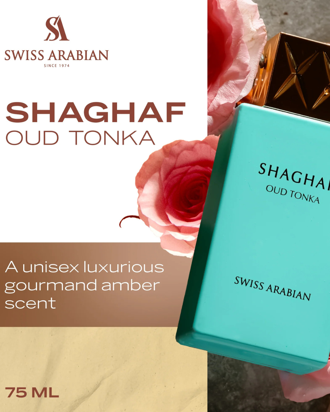 Swiss Arabian Shaghaf Oud Tonka perfume bottle with a rose in the background