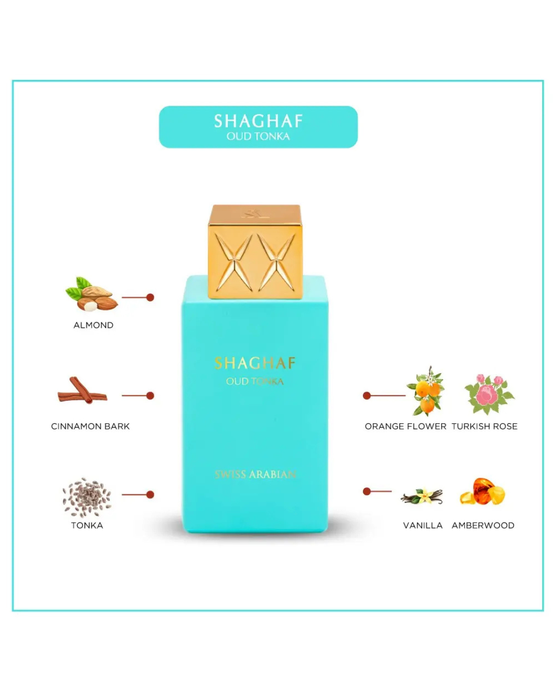 Shaghaf oud tonka perfume bottle with flavor elements on a white background