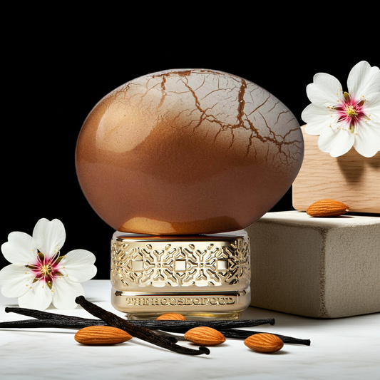 Decorative item with cracked brown top and gold base on a white surface with flowers and vanilla beans.