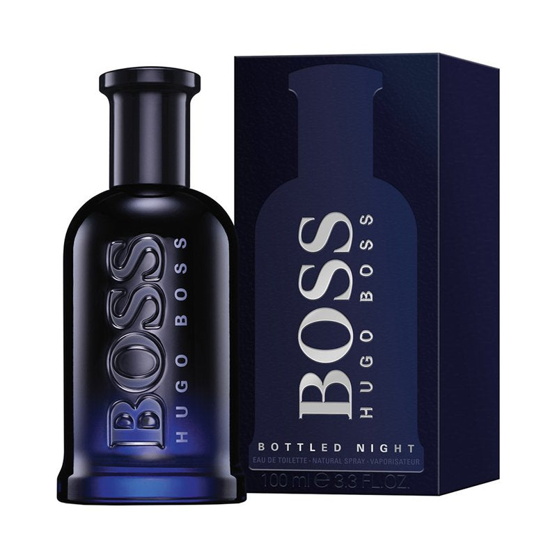 Hugo Boss Bottled Night perfume bottle and packaging on a white background