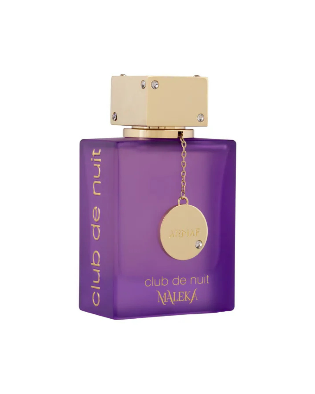 Purple perfume bottle with gold cap and 'club de nuit Maleka' text on a white background
