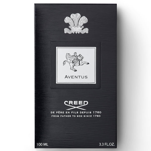 Black Creed Aventus perfume packaging with white text and logo on a white background