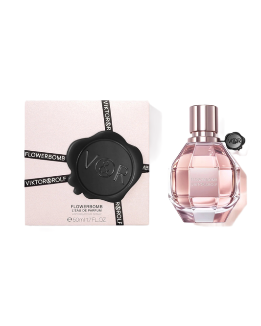 Viktor & Rolf Flowerbomb perfume bottle and packaging on a white background