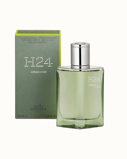Hermes H24 Herbes Vives Perfume against a white background 