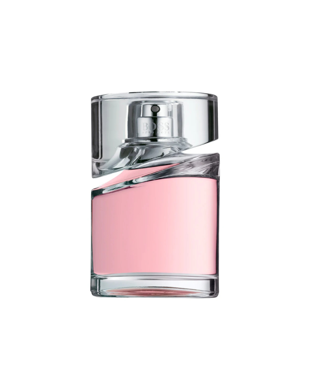 Pink perfume bottle with a clear cap on a white background