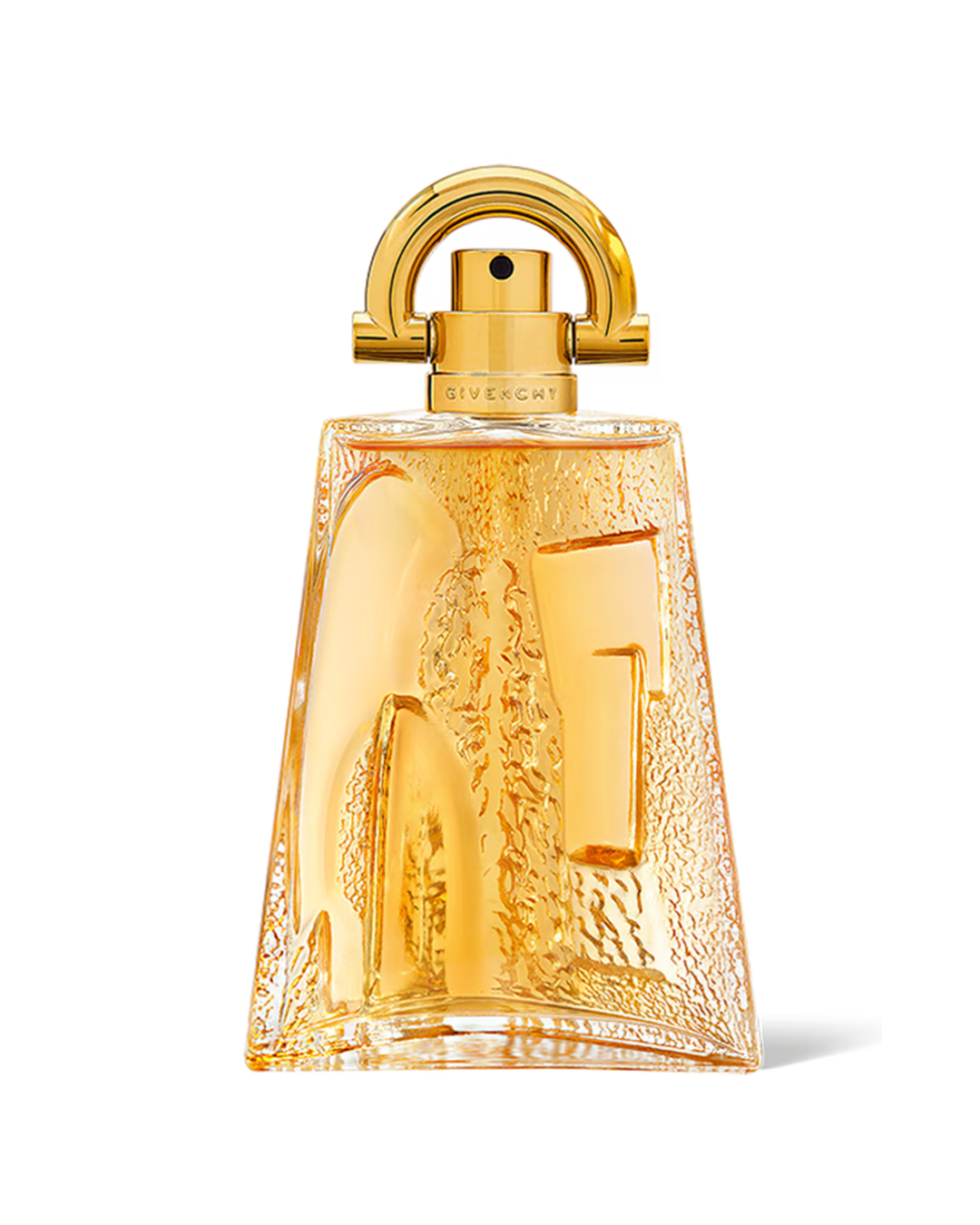 Gold perfume bottle with textured design on a white background