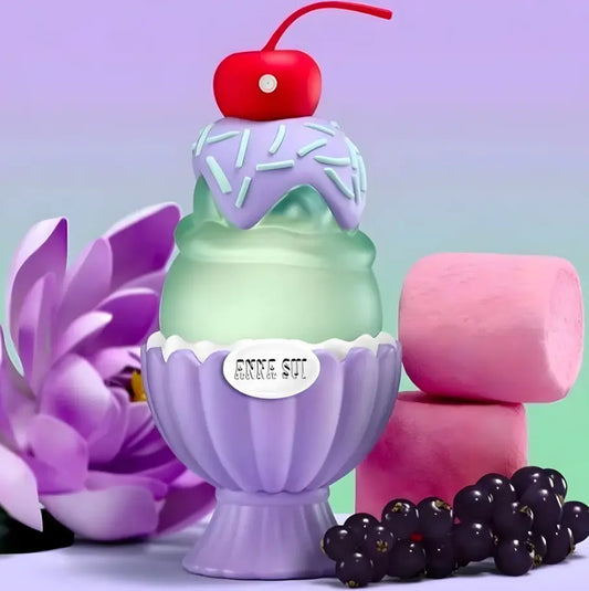 Colorful ice cream-themed bottle with a cherry on top, surrounded by flowers and berries.