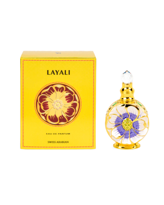 Layali perfume bottle and packaging on a white background