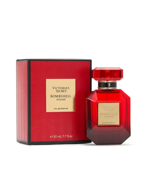 Red perfume bottle and packaging with gold accents on a white background