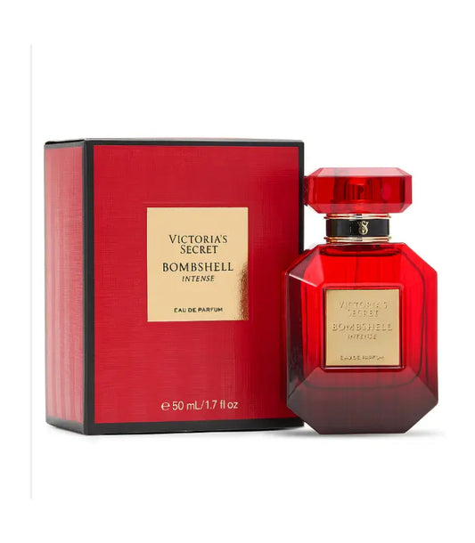 Victoria's Secret Bombshell Intense perfume bottle and packaging on a white background