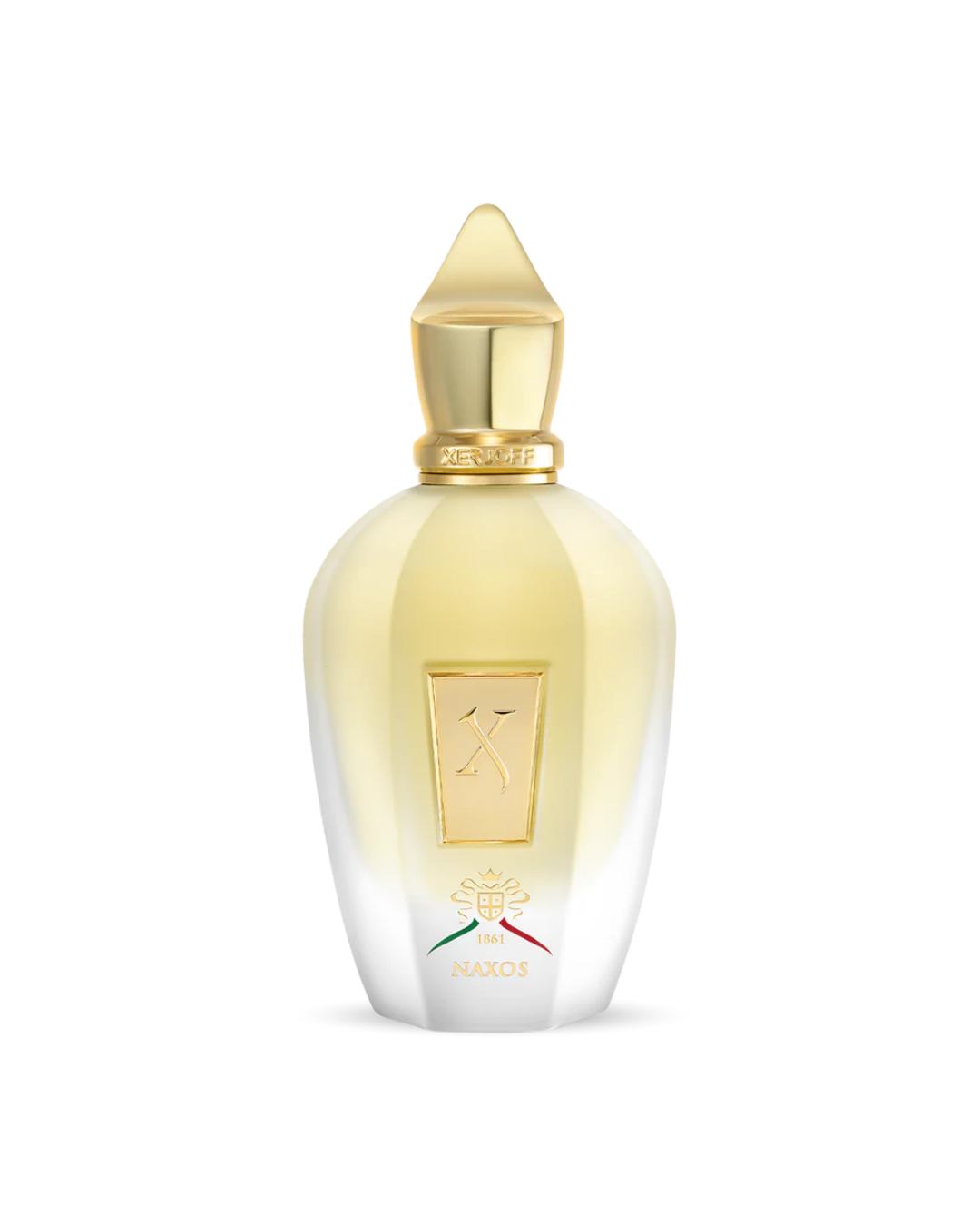 Naxos Perfume bottle with gold cap on a white background