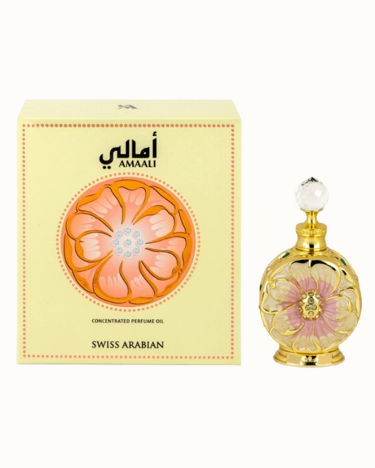 Swiss Arabian Amaali perfume bottle and packaging on a white background