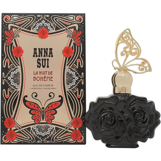 Anna Sui La Nuit de Bohème perfume bottle and packaging with intricate designs and red roses.