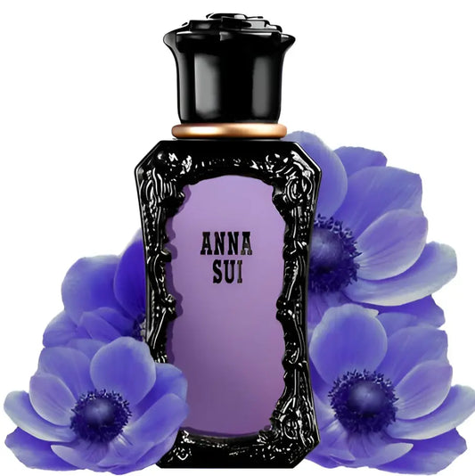 Anna Sui perfume bottle with purple flowers on a white background
