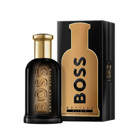 BOSS Bottled Elixir perfume bottle and packaging on a white background