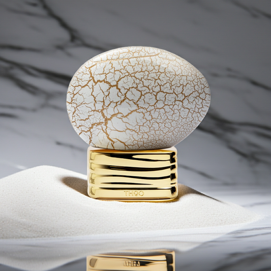 Decorative object with cracked white surface and gold base on a neutral background