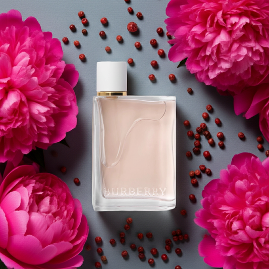 Burberry perfume bottle surrounded by pink flowers and red berries on a gray background
