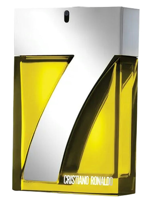 CR7 Perfume bottle with yellow and white design on a white background
