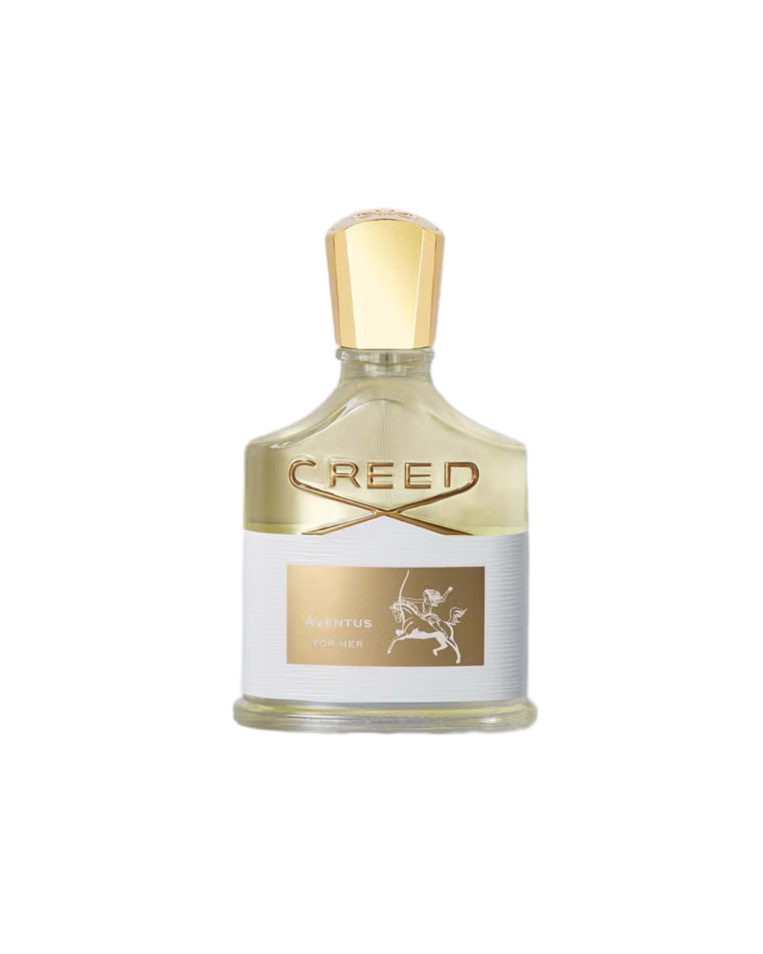 Creed perfume bottle with gold cap and label on a white background