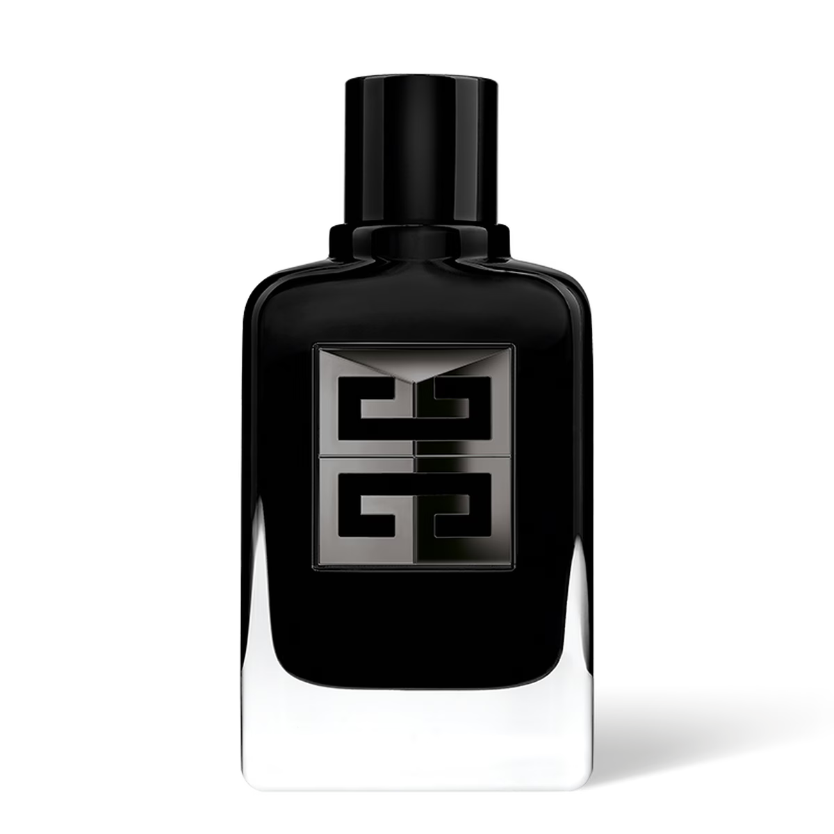 Black perfume bottle with a prominent logo on a white background