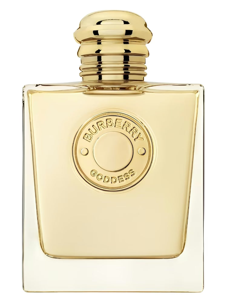 Burberry Goddess perfume bottle with gold cap on a white background