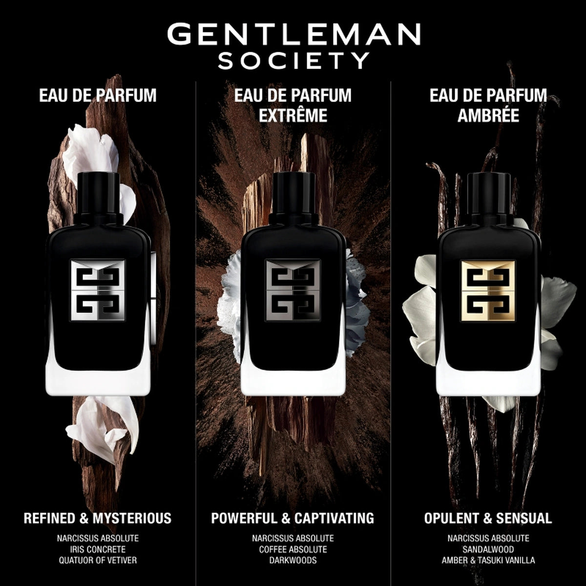 Three bottles of Gentleman Society eau de parfum with product names and descriptions.