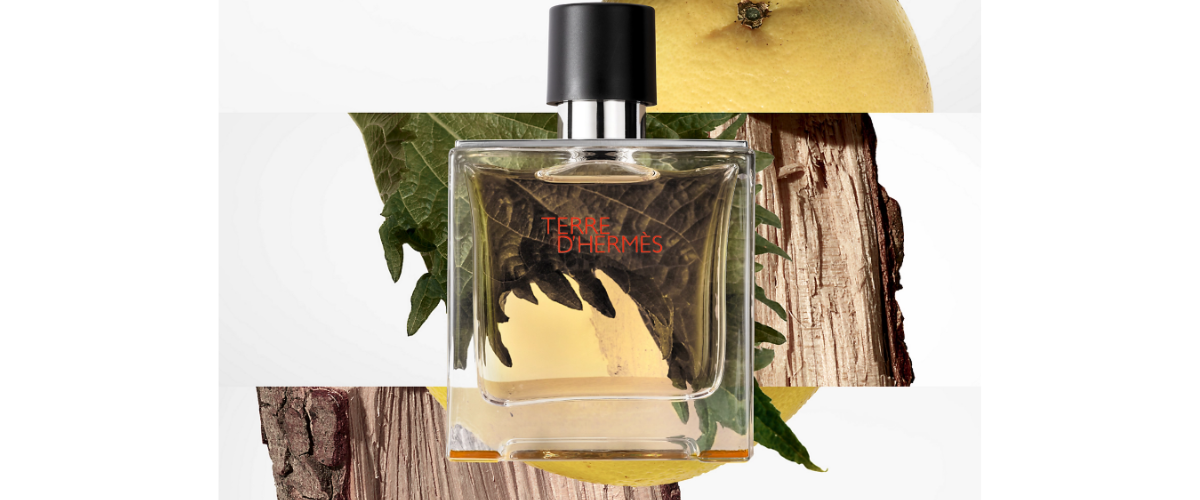 Perfume bottle with natural elements like leaves and wood on a white background