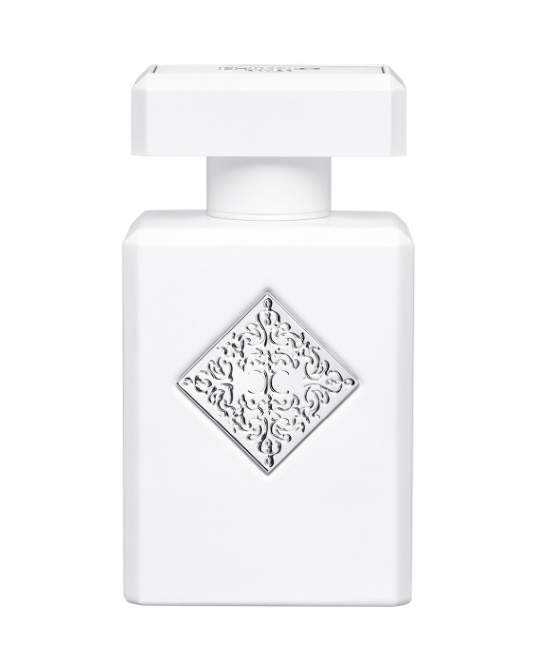 Initio Rehab White perfume bottle with intricate design on a white background