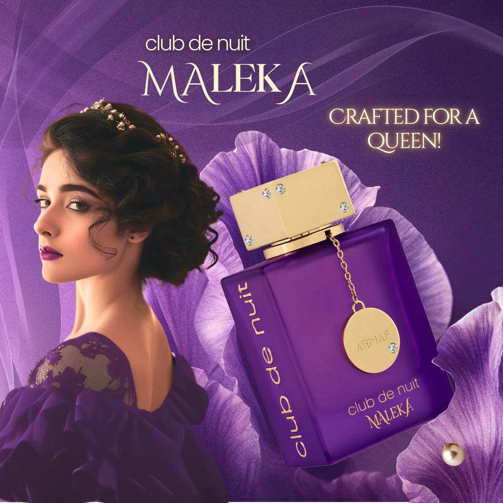 Advertisement for Maleka Club de Nuit perfume with a woman and purple flowers on a purple background.