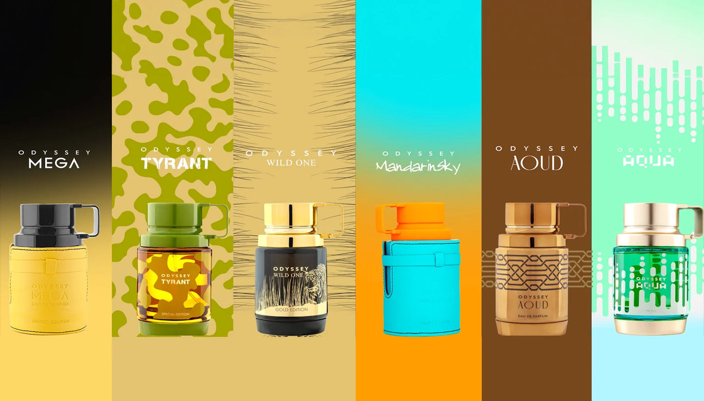 Collection of Odyssey perfume bottles on a colorful background
