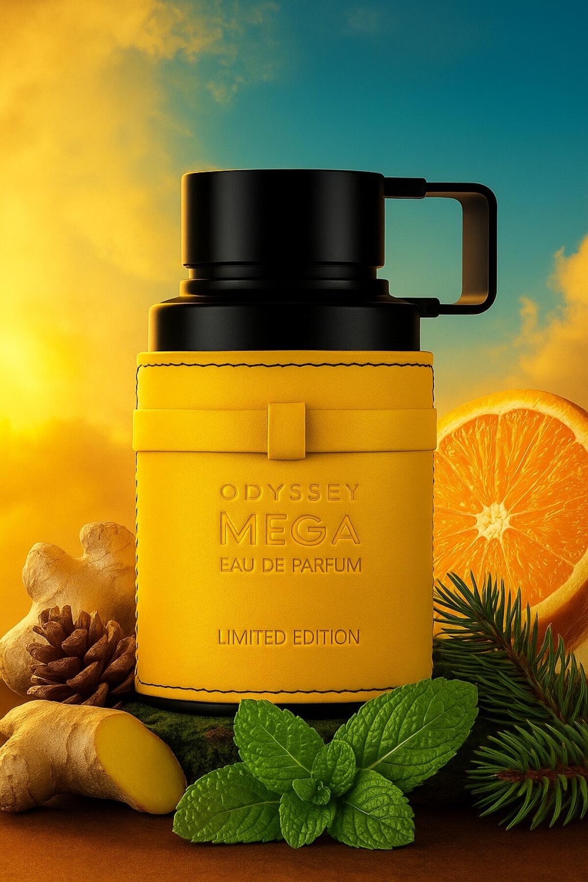 Yellow Odyssey Mega perfume bottle with black cap, surrounded by orange slices, ginger, and mint leaves on a wooden surface.